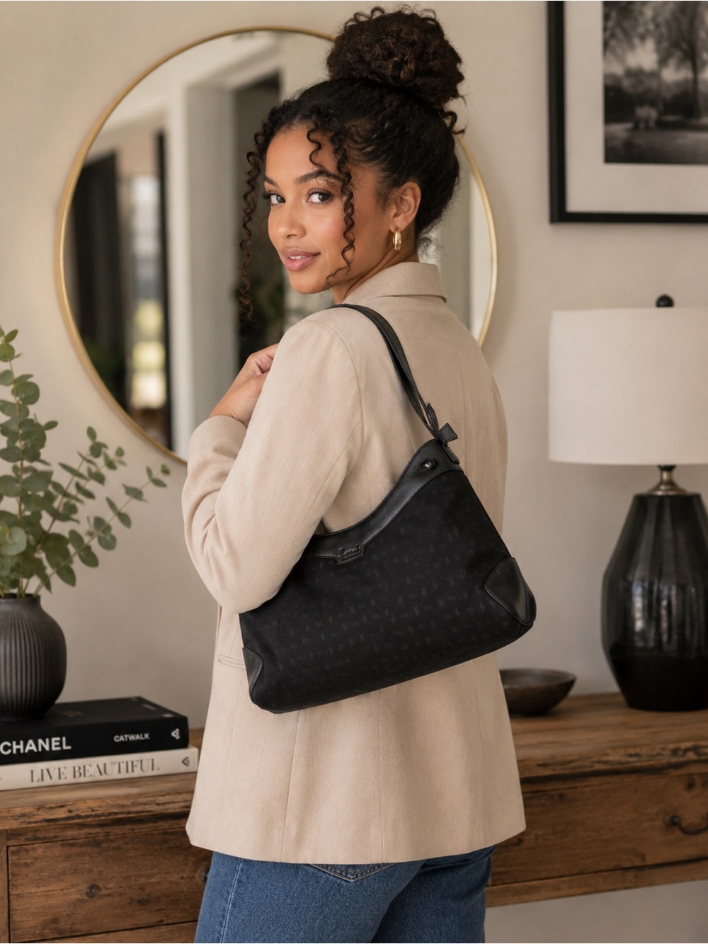 Harrods Knightsbridge Black Logo Nylon Leather Shoulder Hobo Bag Everyday Chic